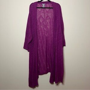 CATHERINES Lightweight Pointelle Knit Lace Open Front Purple Duster Cardigan